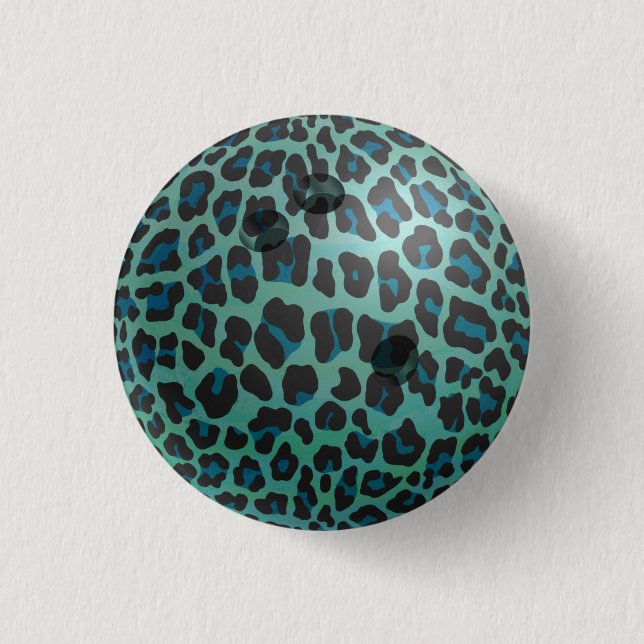 Bowling Ball Leopard Teal Button (Front)