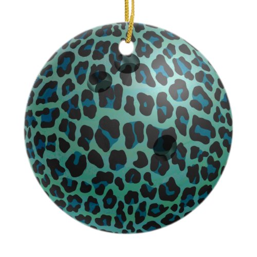 Bowling Ball Leopard Teal Ceramic Ornament