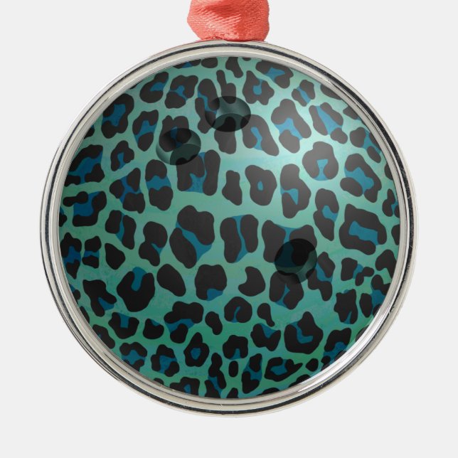 Bowling Ball Leopard Teal Metal Ornament (Front)
