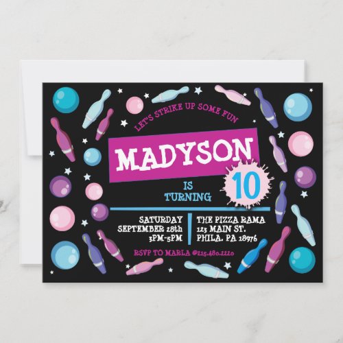 BOWLING BALL NEON Birthday Party Invitation