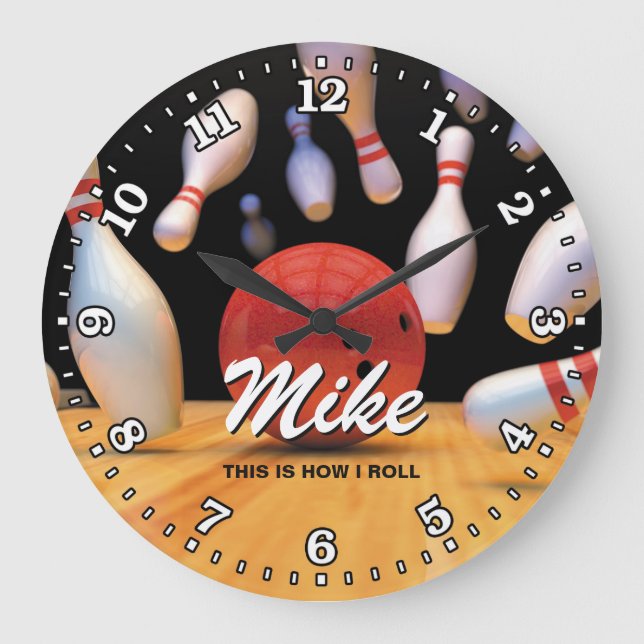 Bowling Ball Pins Man Cave Personalizable Clock (Front)