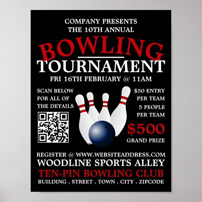 Bowling Ball & Pins, Ten-Pin Bowling Tournament Poster (Front)