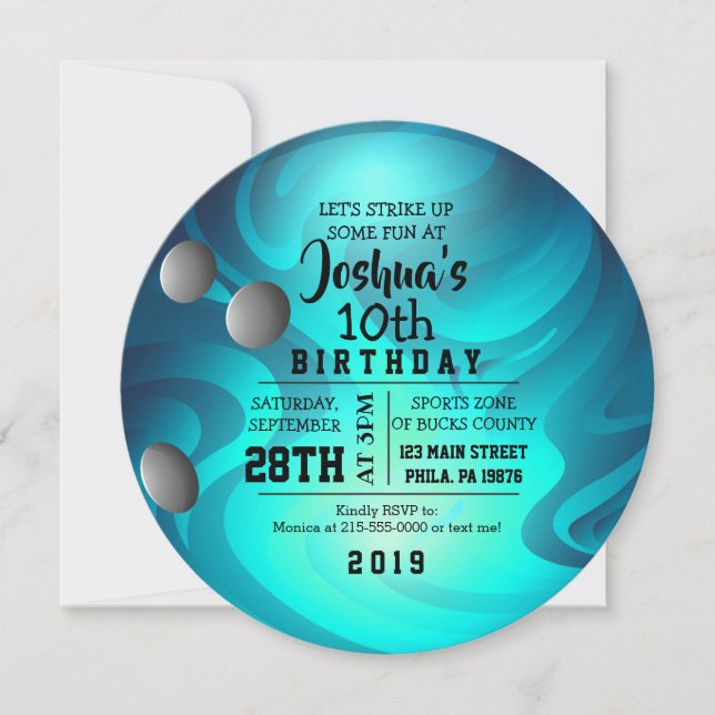 BOWLING BALL ROUND Aqua Birthday Party Invitation (Front)