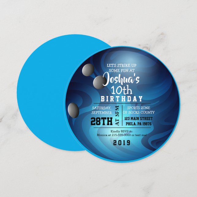 BOWLING BALL ROUND Blue Birthday Party Invitation (Front/Back)