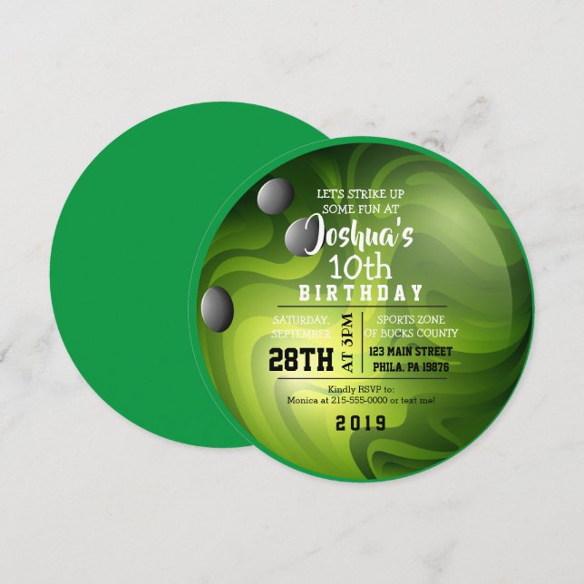 BOWLING BALL ROUND Green Birthday Party Invitation (Front/Back)