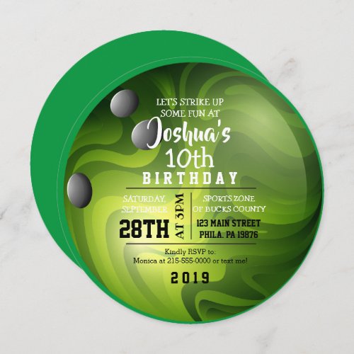 BOWLING BALL ROUND Green Birthday Party Invitation