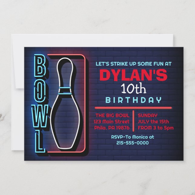 BOWLING BALL ROUND NEON Birthday Party Invitation (Front)