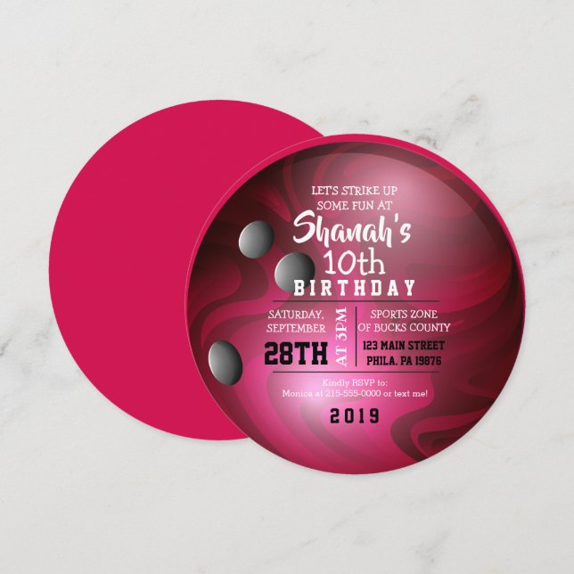 BOWLING BALL ROUND Red Birthday Party Invitation (Front/Back)