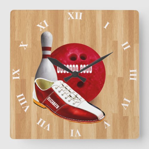 Bowling Ball Shoe And Pin With Your Custom Name Square Wall Clock