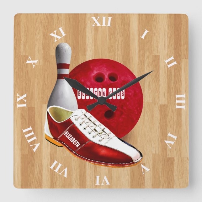 Bowling Ball Shoe And Pin With Your Custom Name Square Wall Clock (Front)