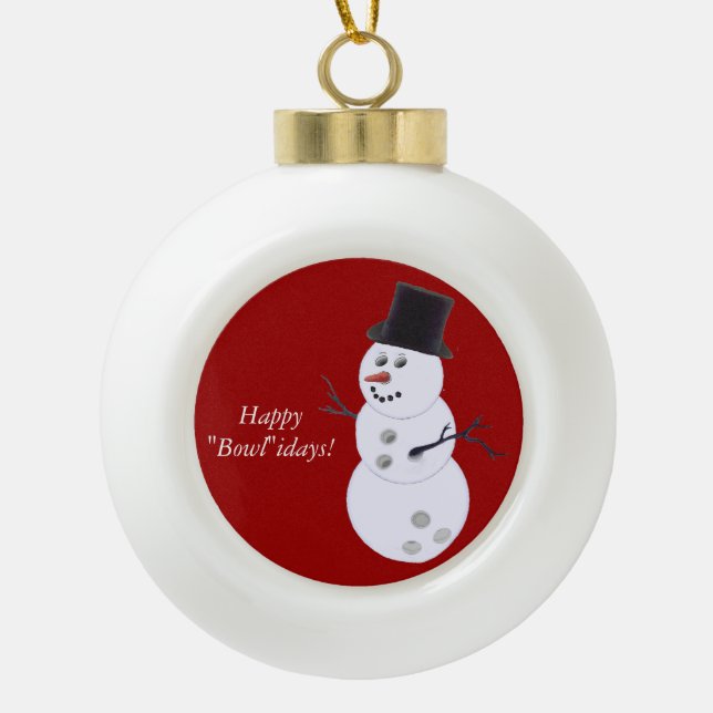 Bowling Ball Snowman Ceramic Ball Christmas Ornament (Front)