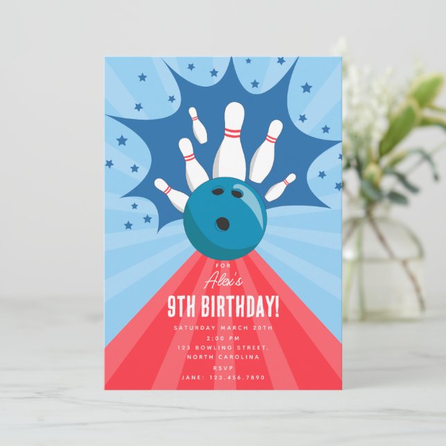 Bowling Ball Strike Up Some Fun Blue Red Birthday  Invitation (Standing Front)