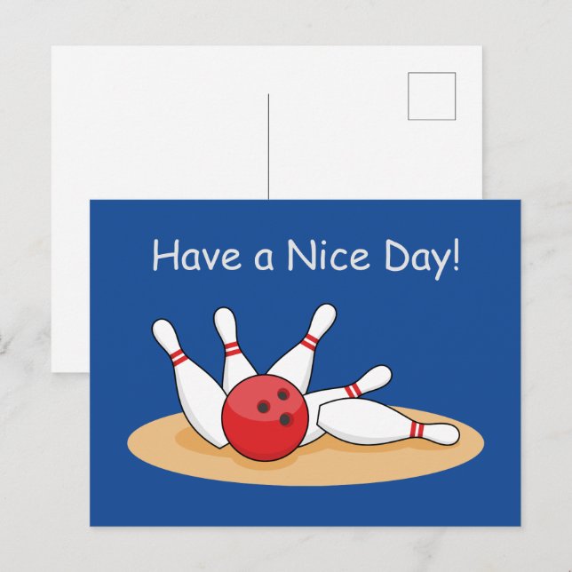 Bowling Ball Striking Skittles Personalize Holiday Postcard (Front/Back)