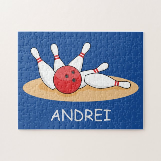 Bowling Ball Striking Skittles Personalize Jigsaw Puzzle (Horizontal)
