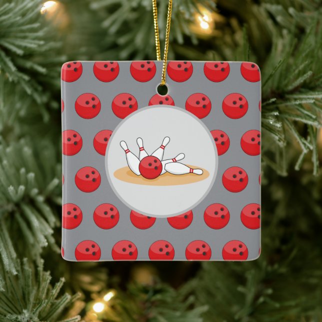 Bowling Ball Striking Skittles with Ball Pattern Ceramic Ornament (Tree)