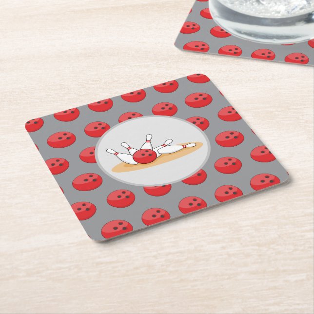 Bowling Ball Striking Skittles with Ball Pattern Square Paper Coaster (Angled)