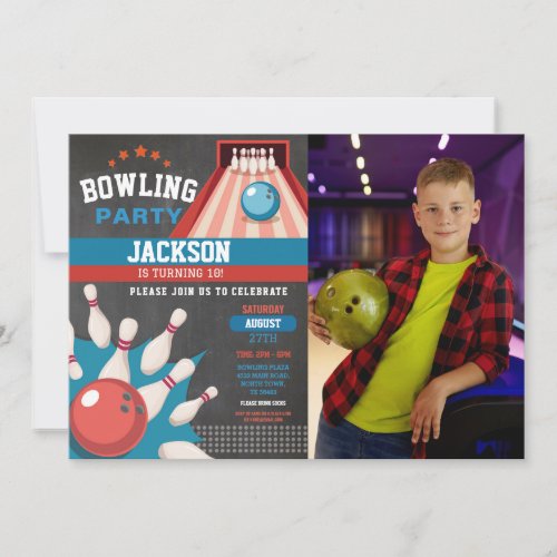 Bowling Birthday Blue Strike Fun Bowl Boys Photo Invitation