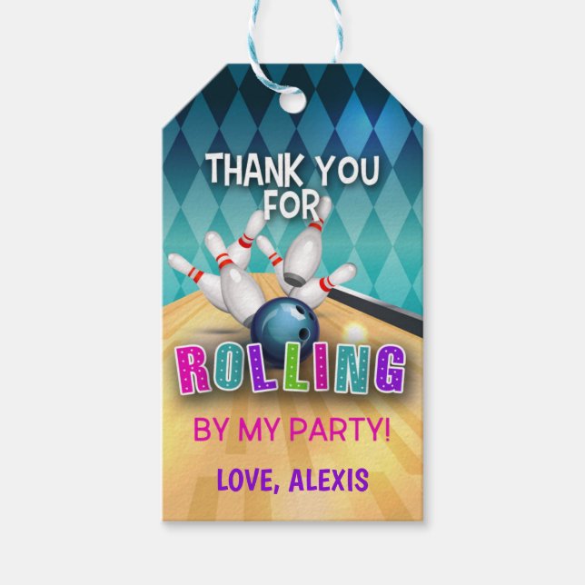 Bowling Birthday Favor Tag - Rolling By - Girl (Front)