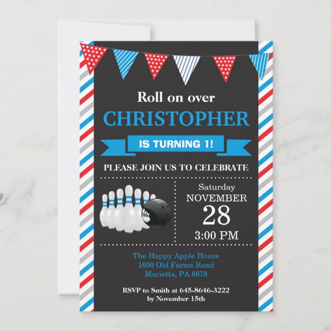 Bowling Birthday Invitation 1st Birthday Party (Front)