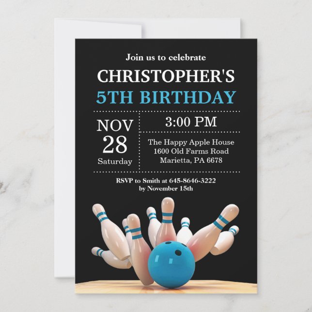 Bowling Birthday Invitation Birthday Party Blue (Front)