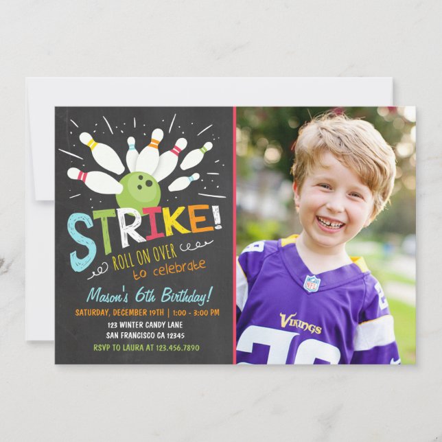 Bowling Birthday Invitation Blue Orange Boy (Front)