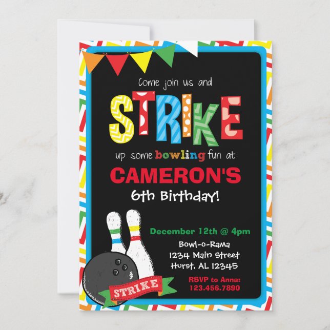 Bowling Birthday Invitation, Bowling Chalkboard Invitation (Front)