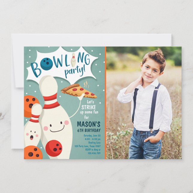Bowling Birthday Invitation Boy Pizza Strike Up (Front)