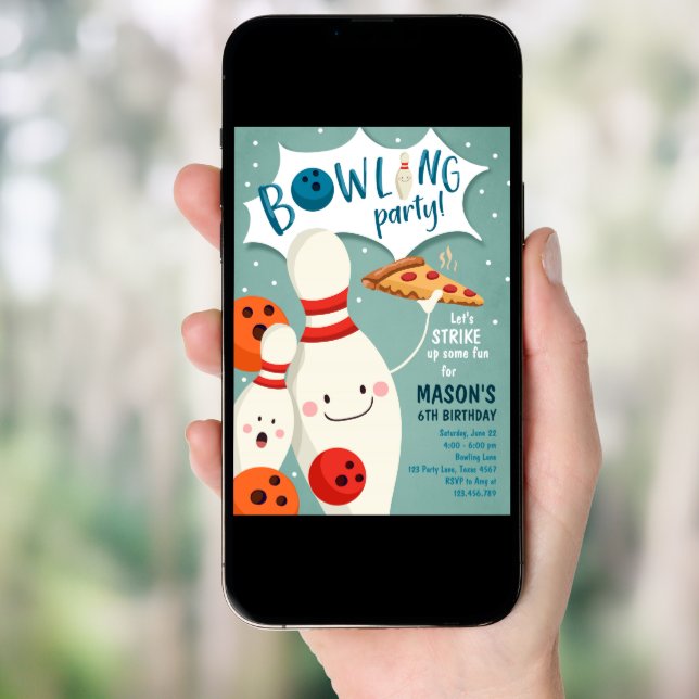 Bowling Birthday Invitation Boy Pizza Strike Up (Front Digital)