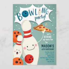 Bowling Birthday Invitation Boy Pizza Strike Up