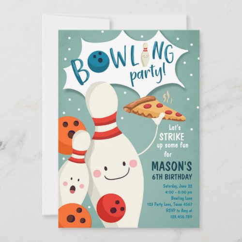 Bowling Birthday Invitation Boy Pizza Strike Up
