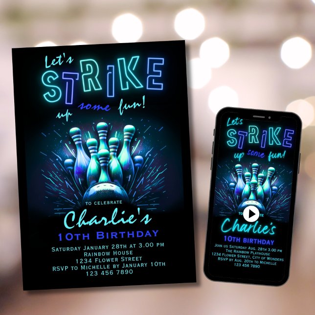 Bowling Birthday Invitation Boys Blue Neon Bowling (Creator Uploaded)