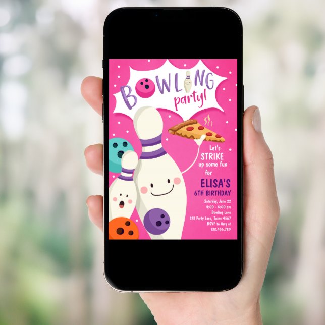 Bowling Birthday Invitation Girl Pink Pizza Strike (Front Digital)