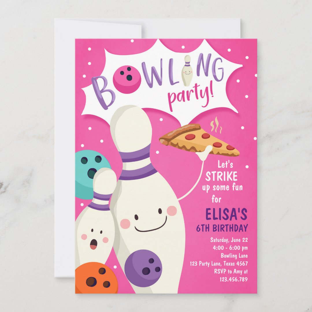 Bowling Birthday Invitation Girl Pink Pizza Strike | Zazzle