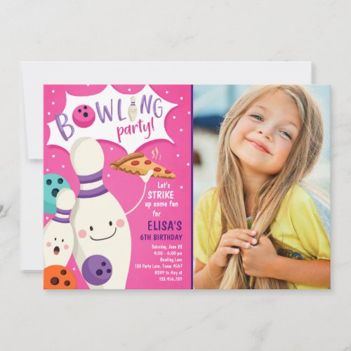 Bowling Birthday Invitation Girl Pink Pizza Strike