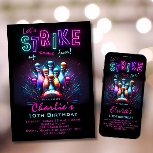 Bowling Birthday Invitation Girls Pink Neon