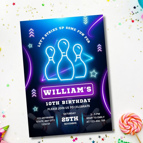 Bowling Birthday Invitation, Glow Neon Party Boys