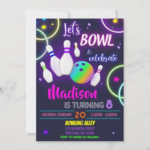 Bowling birthday invitation Neon glow party invite