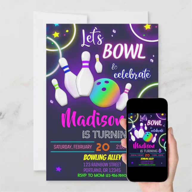 Bowling birthday invitation Neon glow party invite | Zazzle