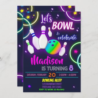 Bowling birthday invitation Neon glow party invite | Zazzle