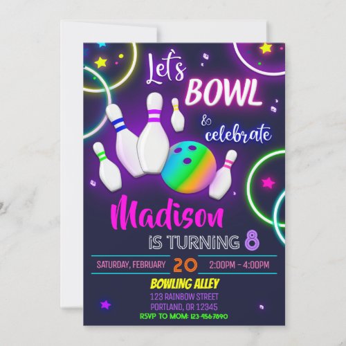 Bowling birthday invitation Neon glow party invite