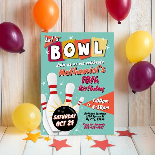 Bowling birthday invitation party Retro