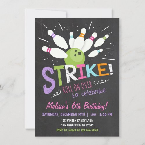 Bowling Birthday Invitation Pink Purple Girl