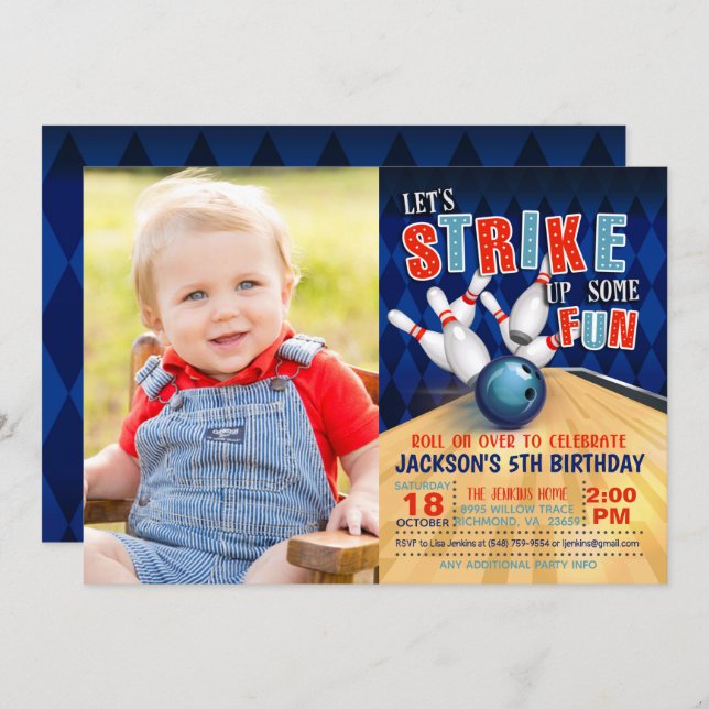 Bowling Birthday Invitation with Photo - Boy (Front/Back)