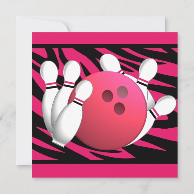 Bowling Birthday Neon Pink and Zebra Stripes Invitation (Front)