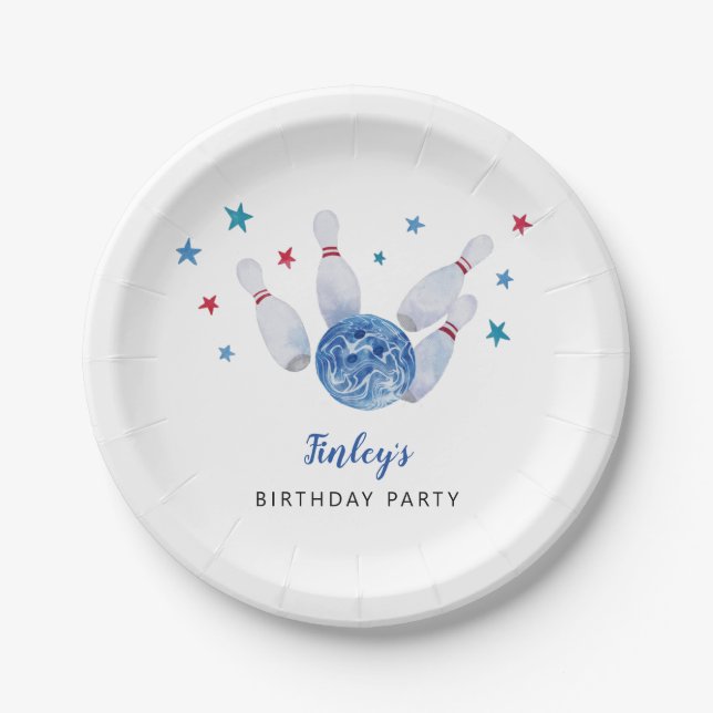 Bowling Birthday Party Blue and Red Paper Plates (Front)