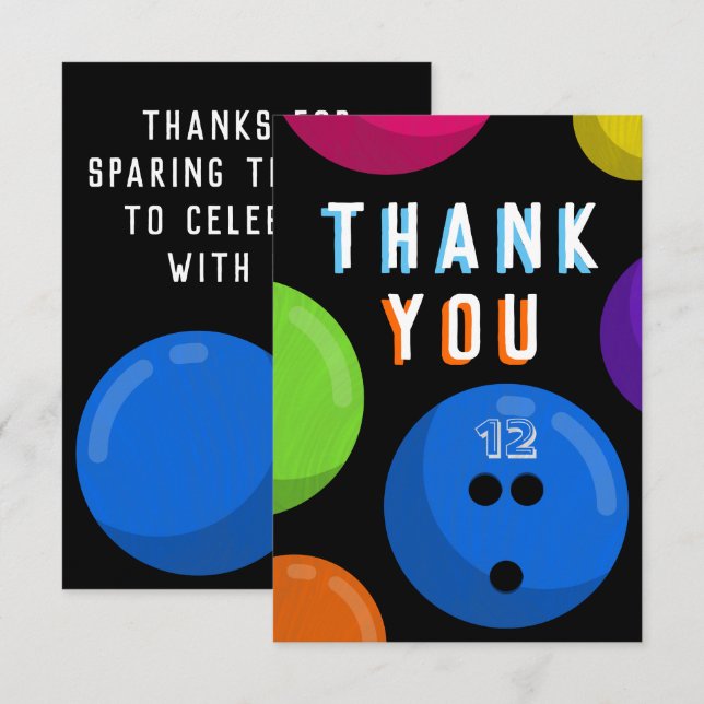 Bowling Birthday Party Cosmic Bowling Neon Blue Thank You Card (Front/Back)