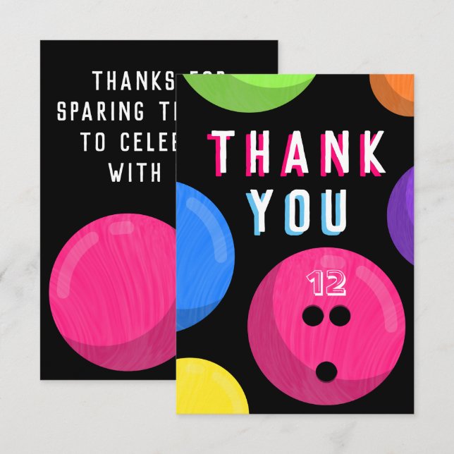 Bowling Birthday Party Cosmic Bowling Neon Pink Thank You Card (Front/Back)