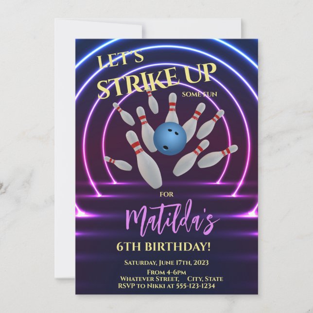 Bowling Birthday Party Custom Invitation (Front)