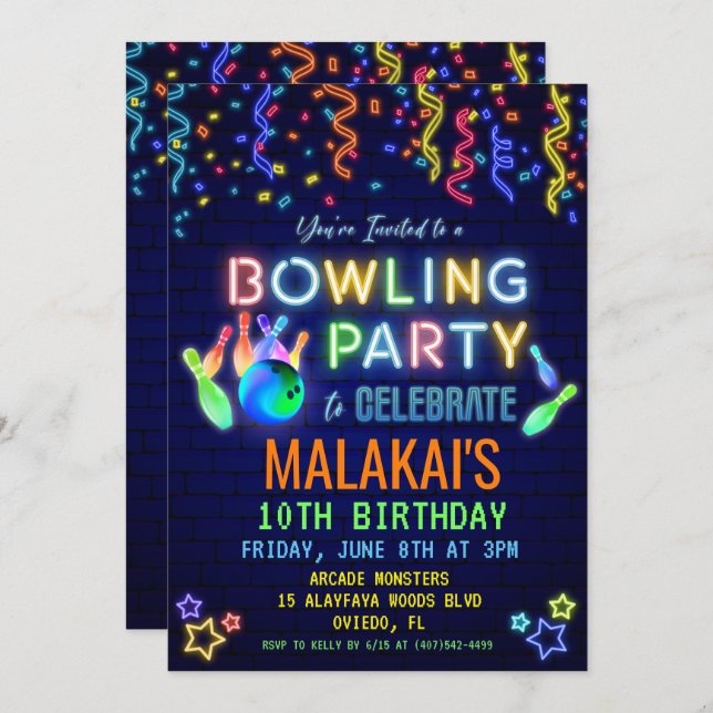 Bowling Birthday Party Invitation (Front/Back)