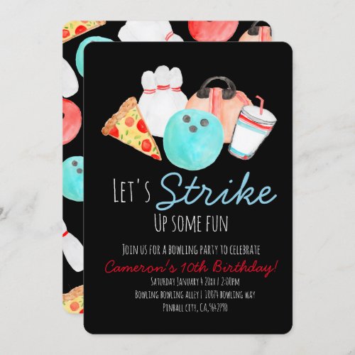 Bowling birthday party invitation black invite